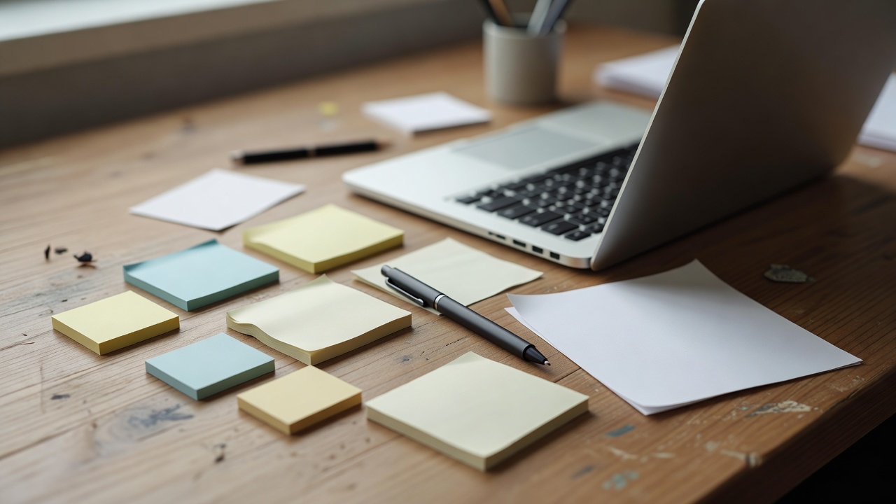 Close-up of paper notes and a pen arranged beside a laptop on a creative work surface