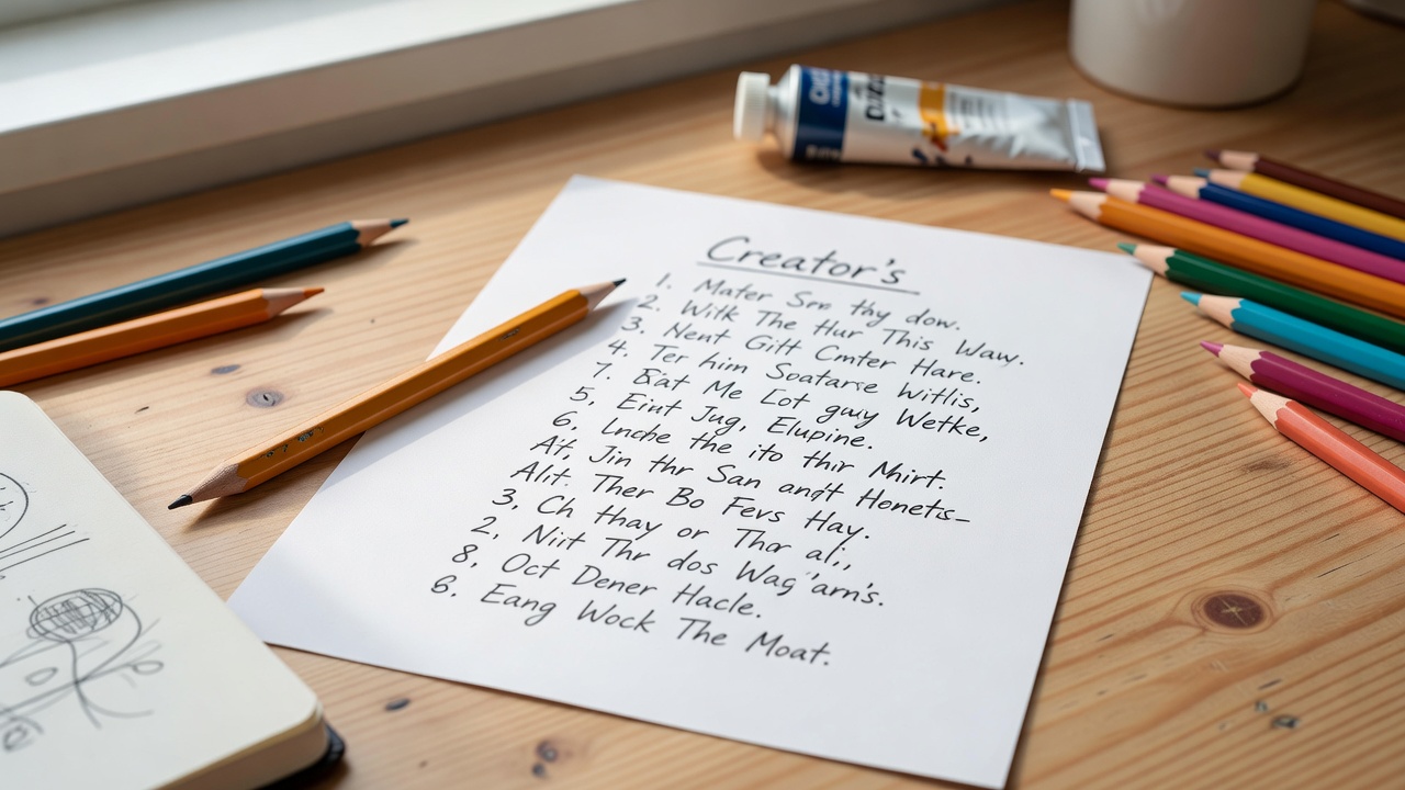 A pencil resting beside a short handwritten checklist on a bright creative work surface