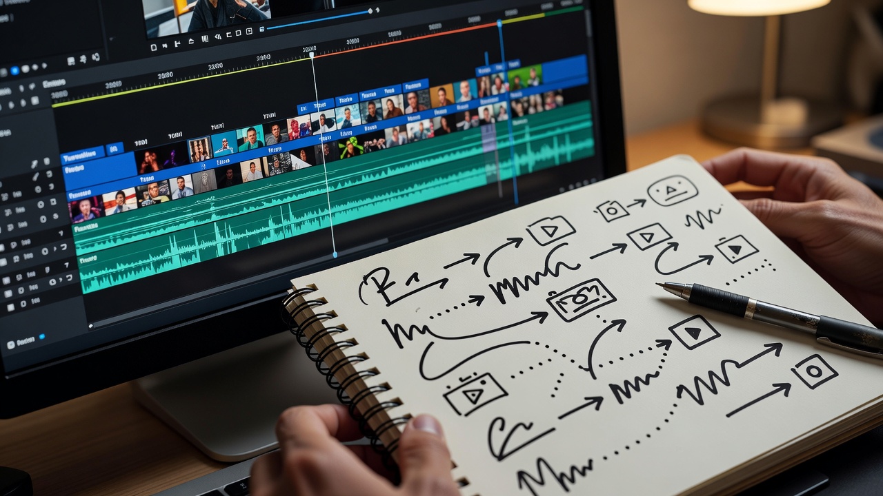 Close-up of a video editing timeline beside handwritten notes for a short tutorial