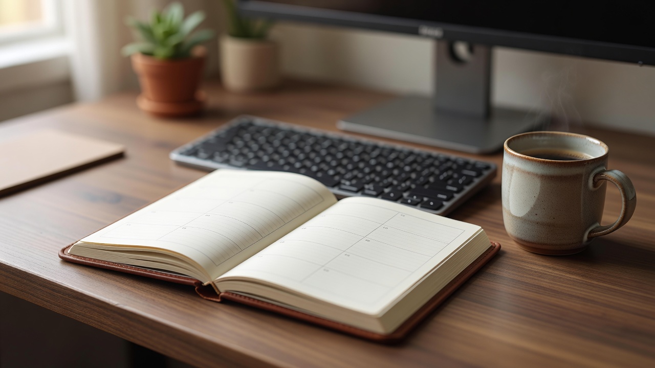 A weekly planning notebook beside a keyboard and a mug on a softly focused desk